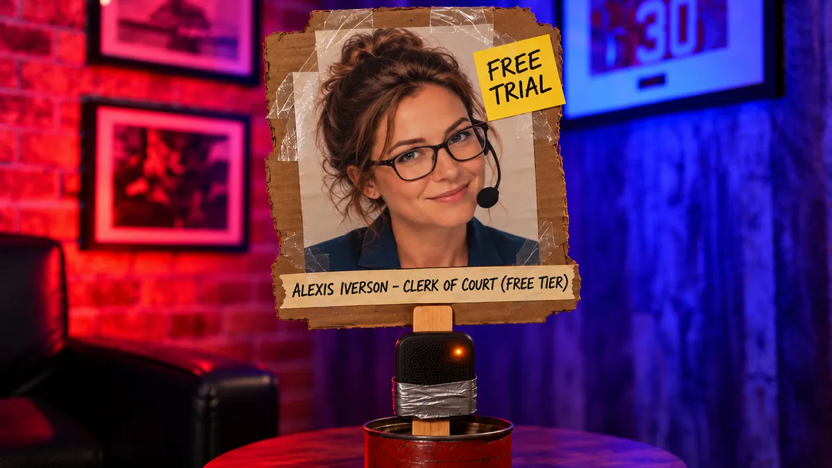 Alexis Iverson, a cardboard cutout clerk of court with a FREE TRIAL sticker